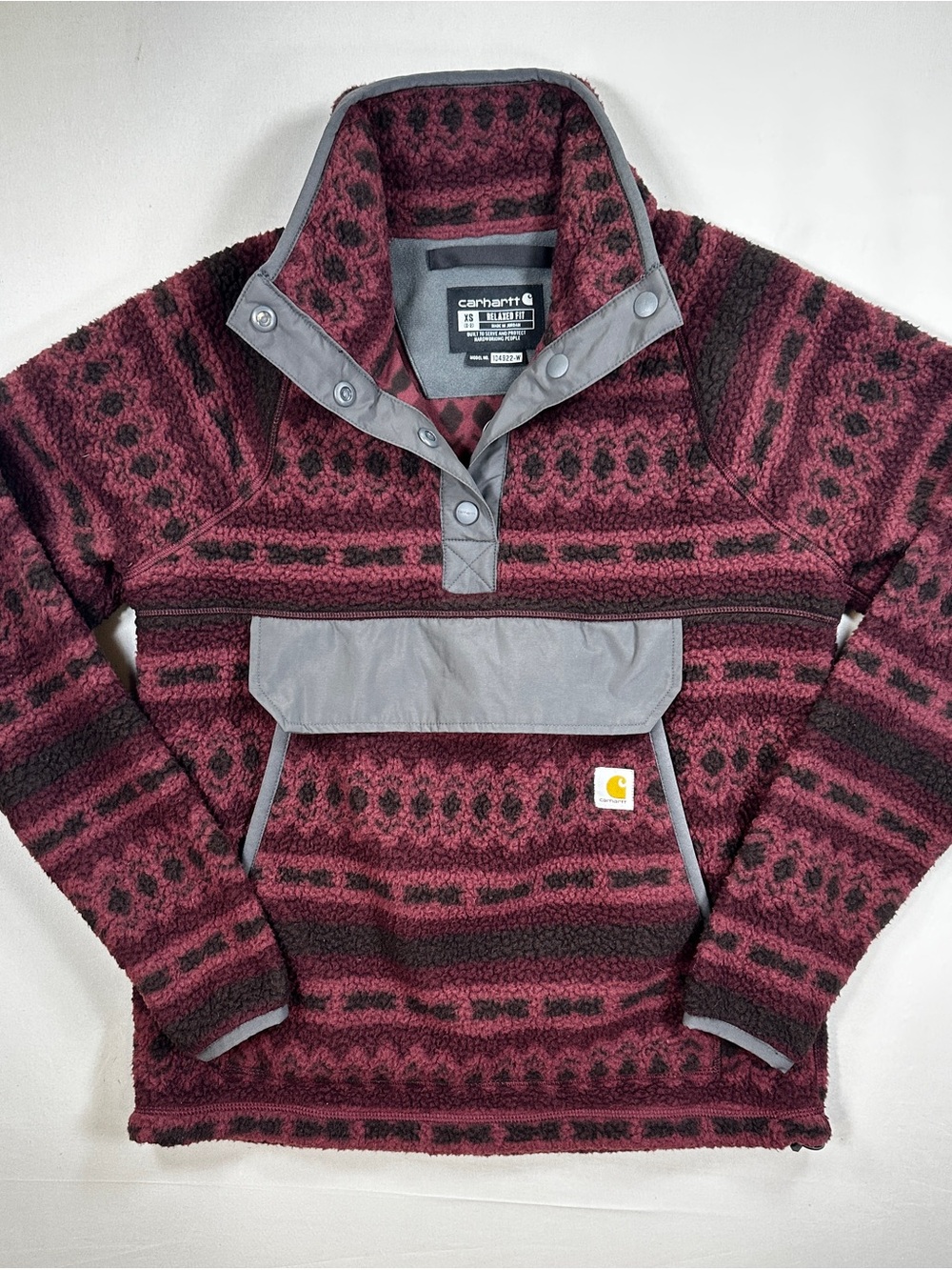 Carhartt Aztec Fleece Pullover XS Burgundy Black Relaxed Fit